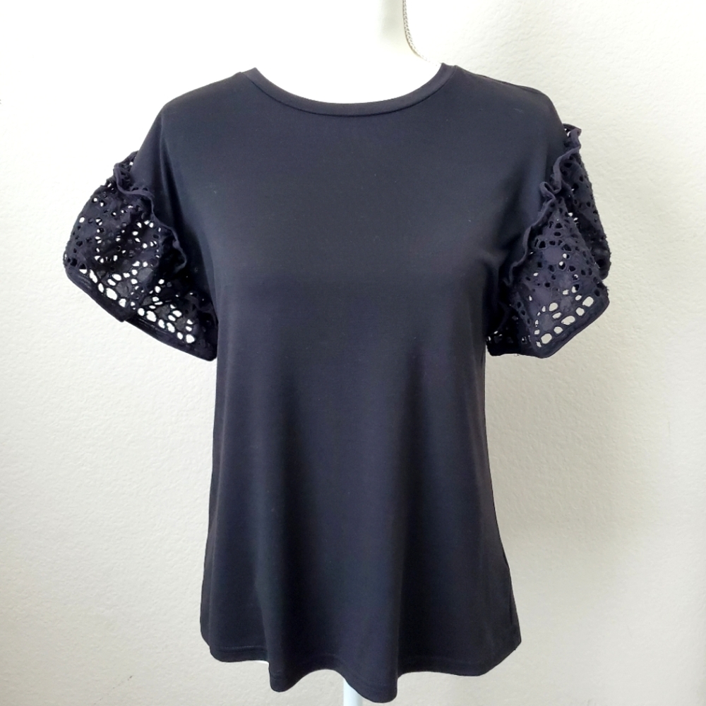 She + Sky Black Eyelet Lace Flutter Sleeve Tee Top Cotton Elevated Size S